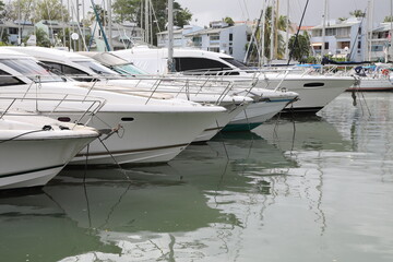 Fototapeta premium Pointe du Bout, Martinique - April 17 2018: Harbor of Pointe du Bout on Martinique; yachts