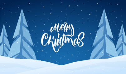 Handwritten elegant modern brush lettering of Merry Christmas on blue night winter background.