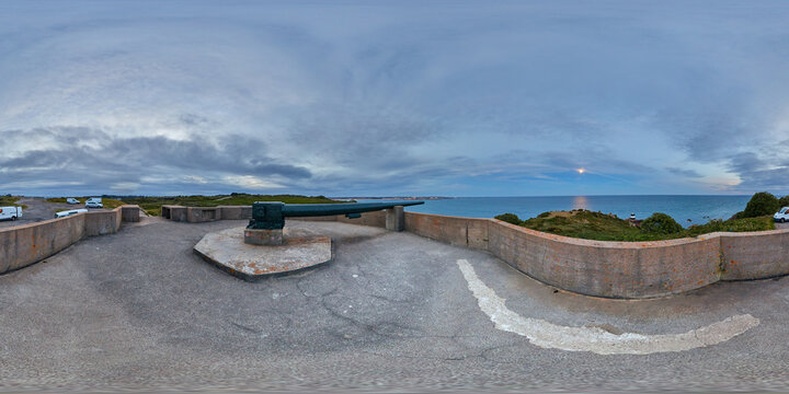 Image of Noirmont from German Gun Emplacement taken in the evening with St Helier distance and Noirmont light house and full moon. Jersey, Channel Islands 360 by 180 degree VR AR Ready