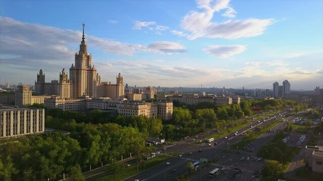 sunset time moscow state university lomonosov prospect aerial flight over panorama 4k russia