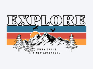 Mountain illustration, outdoor adventure . Vector graphics for t shirt  prints, posters and other uses.