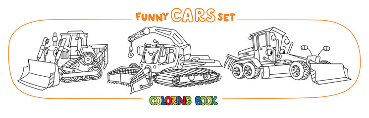 Funny small cars with eyes. Coloring book set