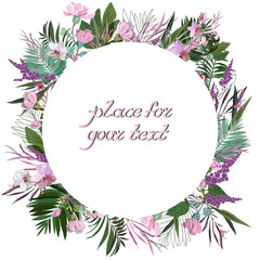 An elegant round frame made of many different plants, flowers and leaves on a light background, and with a handwritten inscription in the center of the composition on a white background. Vector image
