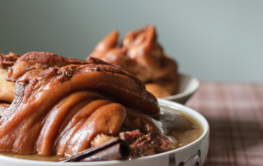 Stewed Pork Leg, Chinese food style and popular in Thailand,Has a sweet, Not spicy flavor Is a children's favorite menu, A food with high fat, High energy, High cholesterol, Selective focus.