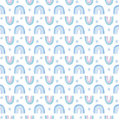 Watercolor cute children's seamless pattern with a rainbow, stars and hearts on a white background. Delicate, soft colors. For fabrics, Wallpaper, invitations, postcards.