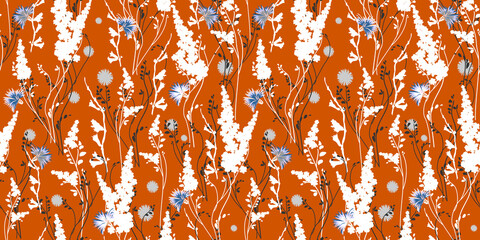 Abstract floral seamless vector isolated pattern. Trendy art style on an orange background. Spring, summer field plants for the design of backgrounds, textiles, wallpaper, postcards, ceramics
