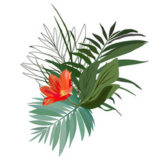 Floral vector isolated single bouquet of palm tropical leaves and tulips. Trendy art style on a white background. Spring, summer, bright and seasonal plants for decoration of backgrounds, textiles