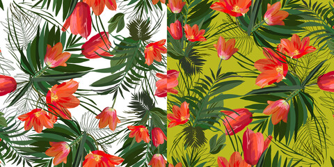 Set floral seamless tropical bright vector isolated double pattern. Trendy art style on a white and green background. Hot, summer spicy plants for decoration of backgrounds, textiles, wallpapers