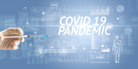 Syringe needle with virus vaccine and COVID 19 PANDEMIC inscription, antidote concept