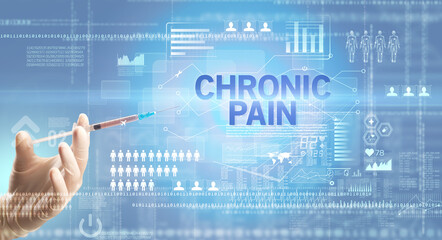 Close-up view of doctor's hand in a white glove holding syringe with CHRONIC PAIN inscription, healthcare and medical concept