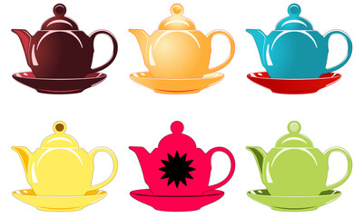 Colorful teapots on a plate