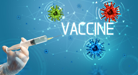 Syringe, medical injection in hand with VACCINE inscription, coronavirus vaccine concept