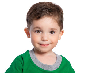 Portrait of a beautiful European boy 2 years old. A beautiful and happy child. A child's smile. Isolated on a white background in a green t-shirt. © Вера Сидорова