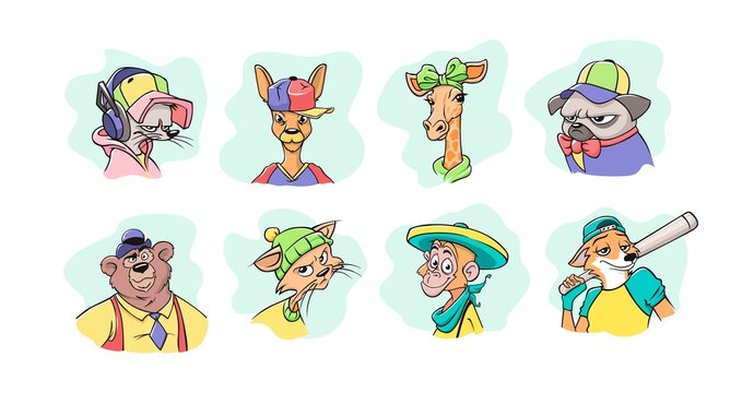 Cartoon animal faces set. Stylish bear in hat smiling monkey Mexican sombrero sly fox with baseball bat glamorous giraffe with green bow on head angry pug in vector baseball cap red bow.