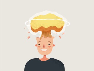 Explosion of head. Strong stress and information overload detonates characters head with nuclear charge bright creative idea angry at flat of colleagues and business vector clients.
