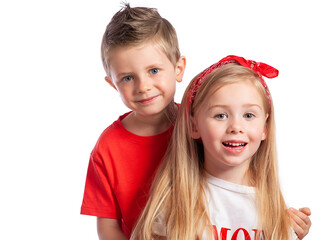 Two children-a beautiful blonde European girl and a boy with blue eyes smiling on a white background. Portrait of beautiful children. Childhood friendship, first love. Brother and sister.