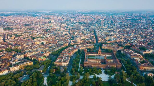 sunny day milan city park aerial panoramic timelapse 4k italy