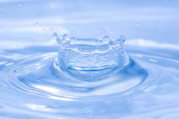 close up water crown, sparks of blue water on a white background
