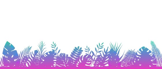 Fototapeta na wymiar Fern background blue pink. Decoration horizontal rainforests floral botanical background with elegant tenderly leaves of fern wild natural lawn in the rays of the rising vector sun.