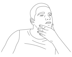 Line pensive man on a white background. Vector outline of a dreaming guy. Stock illustration for design, decoration and news articles.