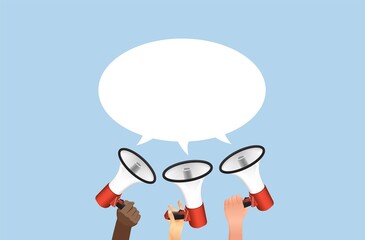 Three hands are holding speakers with speech cloud banner. Cooperative loud notification template of emergency information megaphone announcement discounts and sales promotion marketing vector.