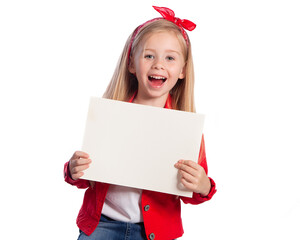 Beautiful European blonde girl with a white piece of paper on a white background. Space for text, banners, labels, and ads.