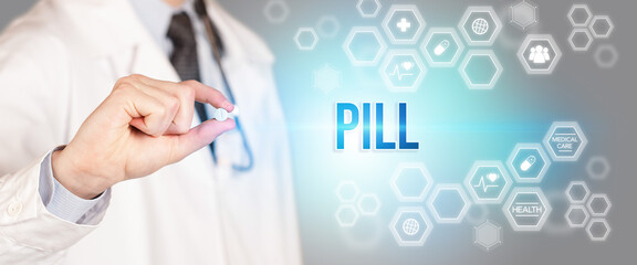 Close-up of a doctor giving you a pill with PILL inscription, medical concept