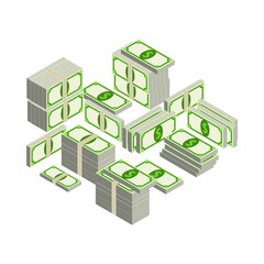Vector illustration big pile of dollars cash. Concept of big money. Vector isometric illustration in flat style. Package modern design isolated on white background.