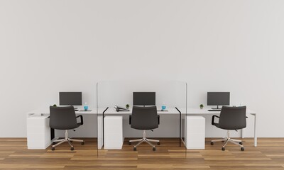 office Social distancing with Glass protect from COVID-19 viruses 3D rendering