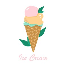 vector illustration ice cream balls with mint in waffle cone. summer colors