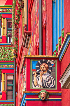 Finely crafted details of the colorful facade of Basel City Hall