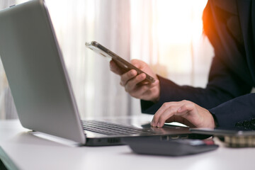 Business woman working smart phone strategy investment concept office