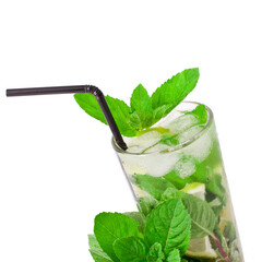 Cocktail mojito with mint leaves, lime and ice isolated on a white background.