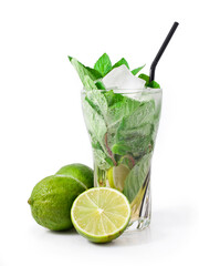 Cocktail mojito with mint leaves, lime and ice isolated on a white background.