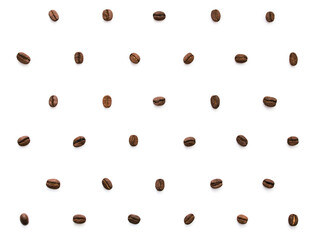 Lots of coffee beans stacked in rows. Pattern in a minimalistic style. Isolated on background
