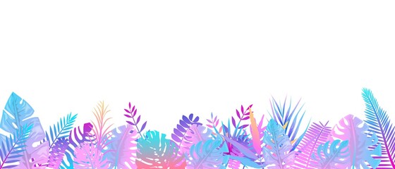 Futuristic pink blue fern background. Horizontal decoration fantasy rainforests in cloudy weather floral botanical background elegant bright fern leaveswild natural lawn in rays of vector sun.