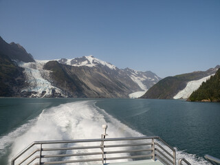 Glacier and mountain range view from cruise ship. Prince William Sound, Alaska, USA.