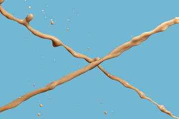 Photo of coffee or brwon liquid splash with drops isolated on black background. Close up view