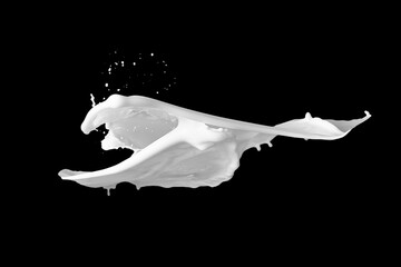 Photo of milk or white liquid splash with drops isolated on black background. Close up view