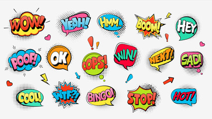 Comic book text speech bubbles. Funny explosive cloud banners with shouts warnings stylish comic design communication chat collection of multicolored cheerful dialogues art speech vector expression.
