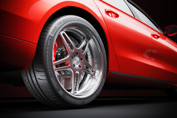 Fototapeta premium Wheel of red sports car closeup in studio lighting 3d
