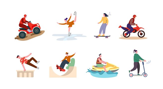 Active sport set. The character is engaged in extreme ATV driving figure skating on ice jumping parkour makes acrobatic jumps on skateboard rides vector water bike rides scooter.