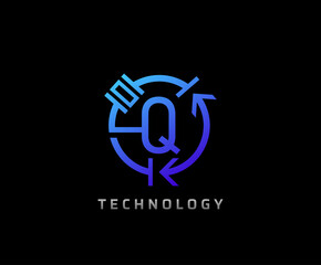 Electric Q Letter Icon Design With Circle Shape and Electrical Engineering Component Symbol.