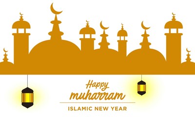 Happy Islamic New Year Vector. Happy Islamic New Year with mosque upon moon background, Happy Islamic New Year greeting Card Illustration, Islamic festival design for banner, poster,flyer. in eps 10