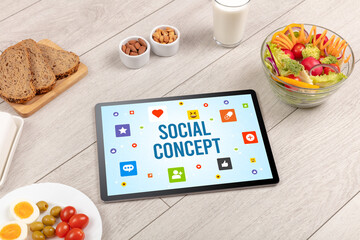 Healthy Tablet Pc compostion with SOCIAL CONCEPT inscription, Social networking concept