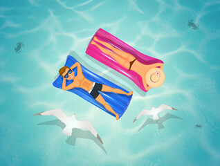 illustration of people on inflatable mattress in the sea