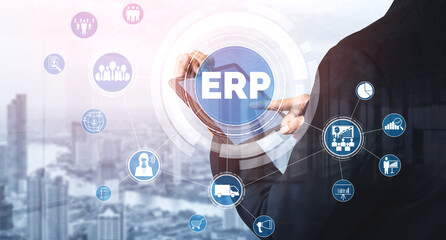 Enterprise Resource Management ERP software system for business resources plan presented in modern...