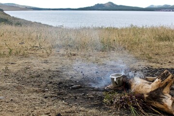 A bonfire in the meadow against a background of mountains and birch forest.