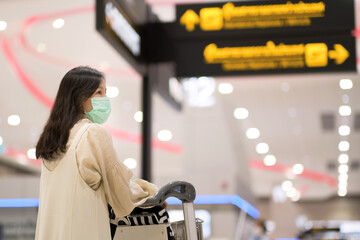 Asian girl with surgical mask in airport, New normal lifestyle, Covid-19 crisis, travel bubble