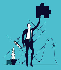 Successful businessman holds up the puzzle piece. Business concept illustration